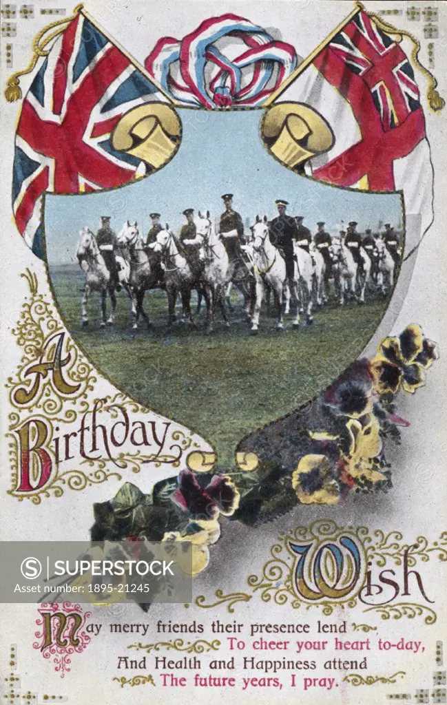 A birthday postcard showing a cavalry regiment, sent to a soldier at the front during the Great War (1914-1918). The reverse of the card reads: ´To wi...