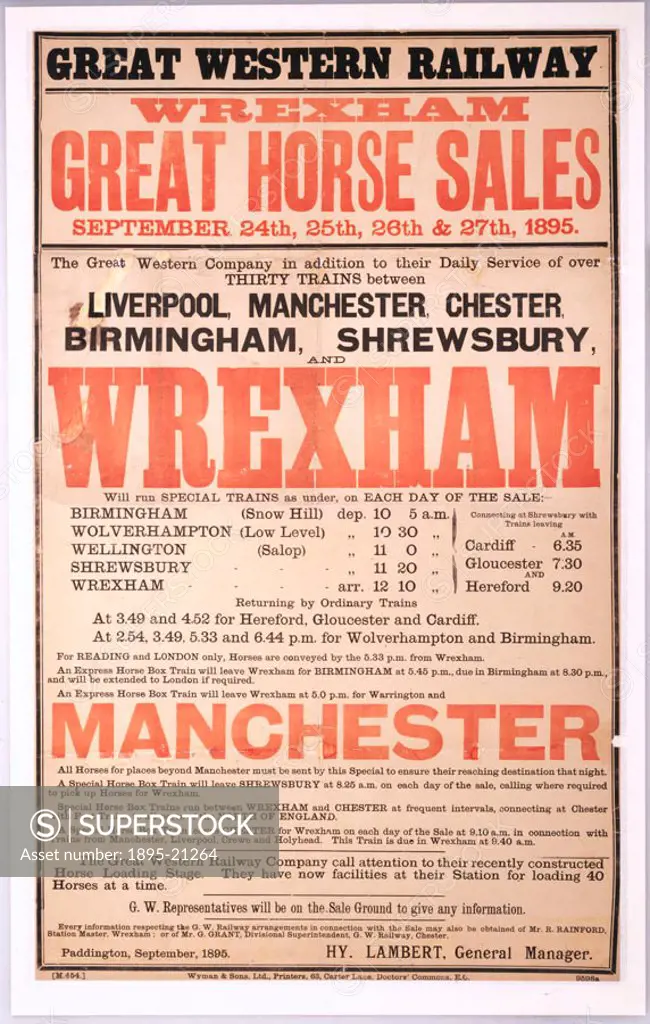 Poster produced for the Great Western Railway (GWR), promoting rail travel to the Great Horse Sales held at Wrexham, North Wales, from September the 2...