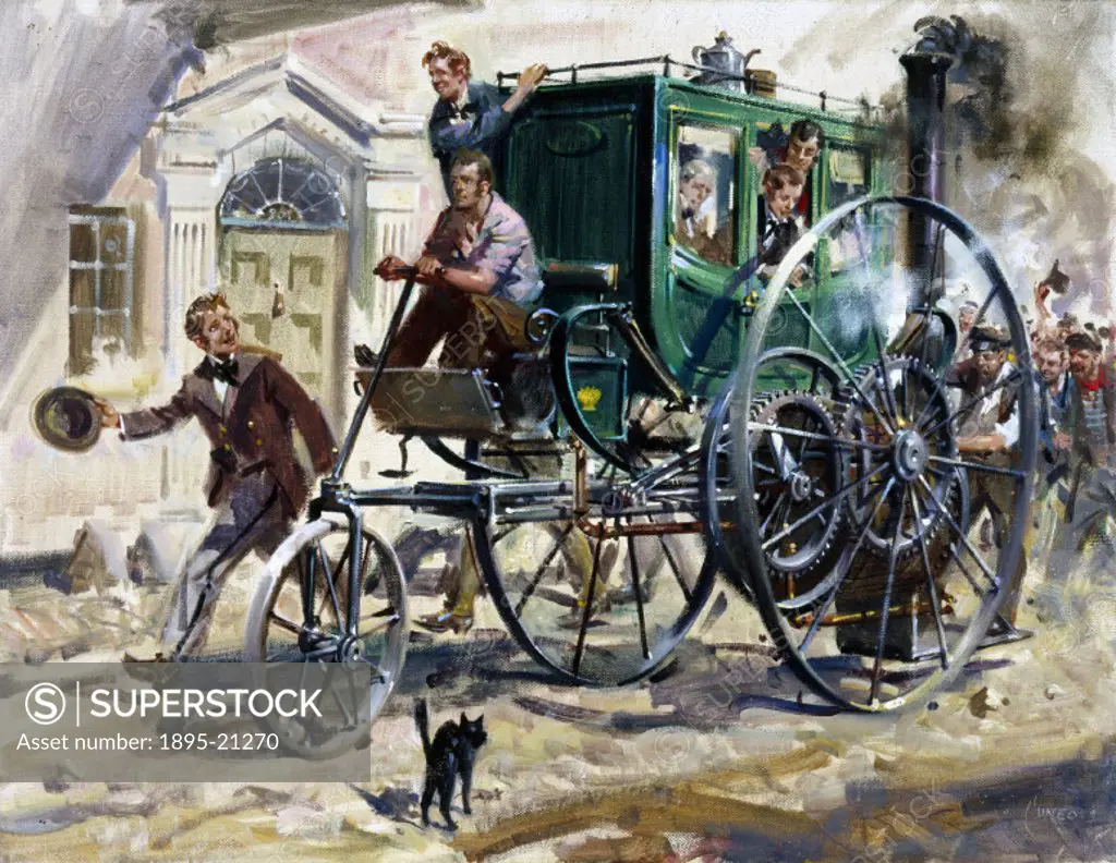 Oil painting by Terence Cuneo (1907-1996), showing the London Steam Carriage of 1803 by pioneering Cornish engineer and inventor Richard Trevithick (1...