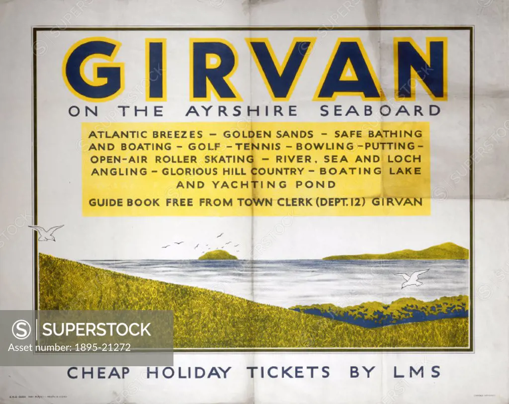 Poster produced for the London, Midland & Scottish Railway (LMS), promoting rail travel to the fishing town and resort of Girvan in South Ayrshire, Sc...