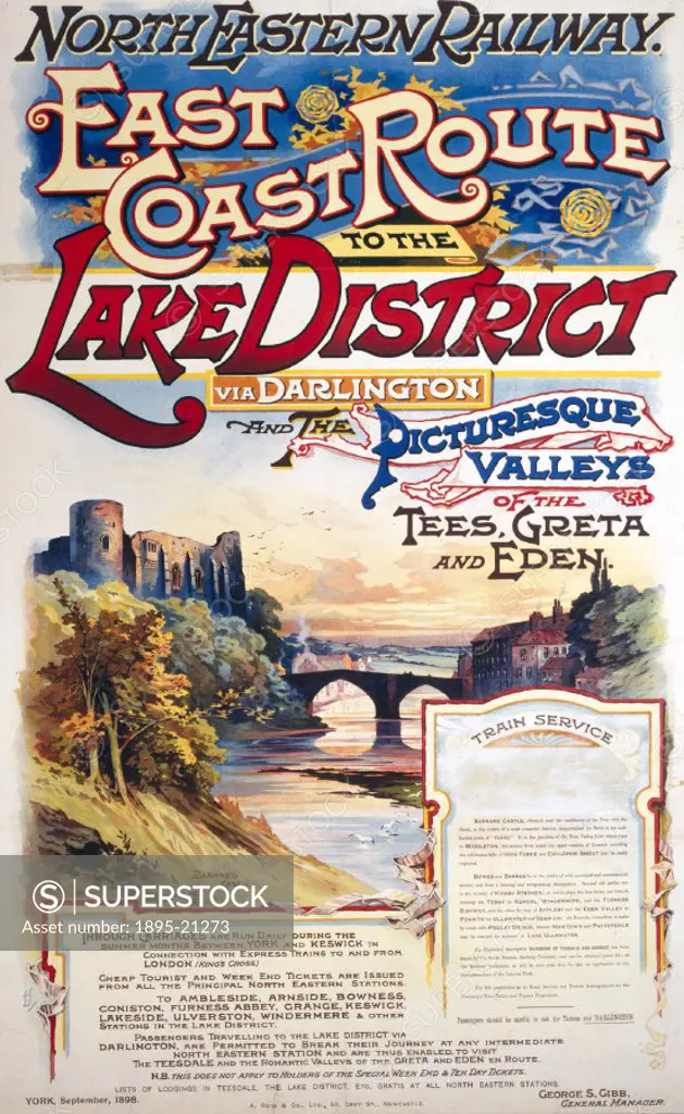 Poster produced for the North Eastern Railway (NER), promoting rail travel to the Lake District via Darlington and the Tees, Greta and Eden valleys, s...