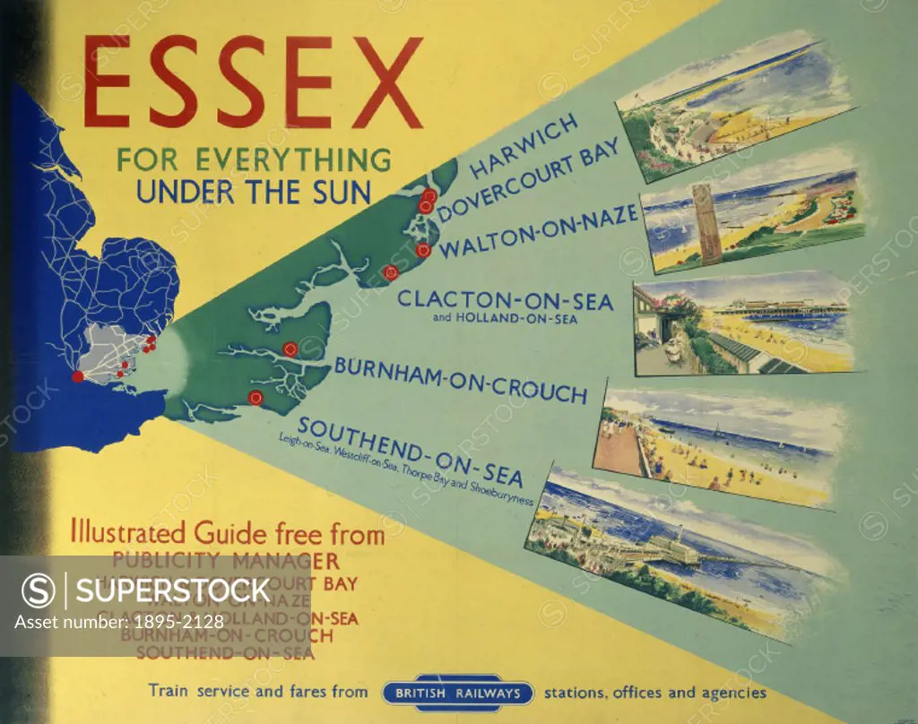 Poster produced for British Railways (BR) to promote rail travel to and within Essex. The poster shows a map of the east of England with Essex highlig...