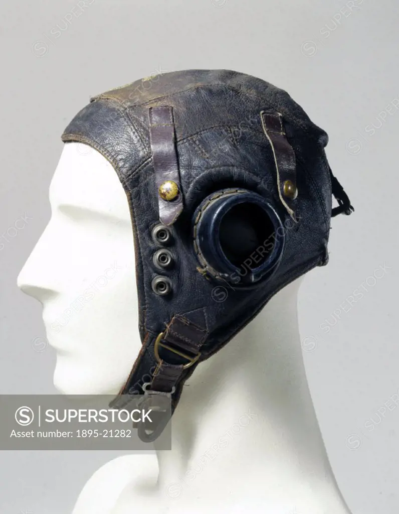 Flying helmet with fittings for electric headphones and oxygen mask. At the outbreak of WWII (1939-1945), flying helmets had changed little since WWI ...