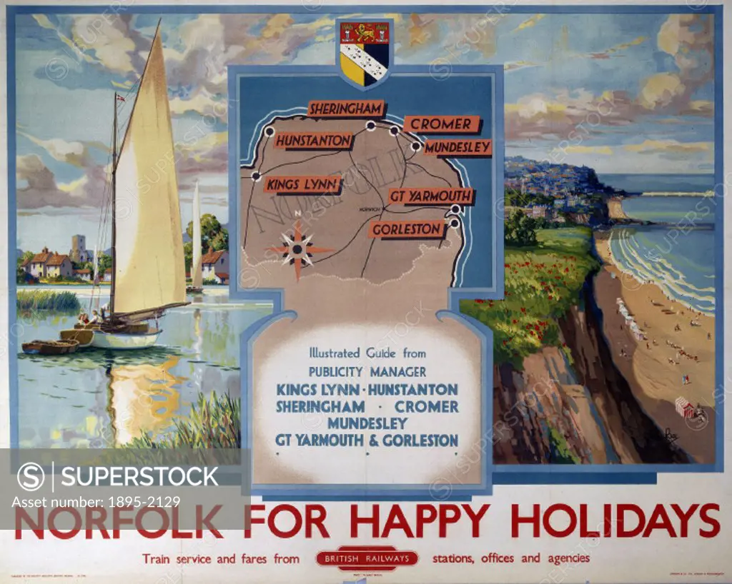 Poster produced for British Railways (Eastern Region) to promote rail travel to Norfolk. The poster shows two picturesque views of Norfolk: a lake wit...