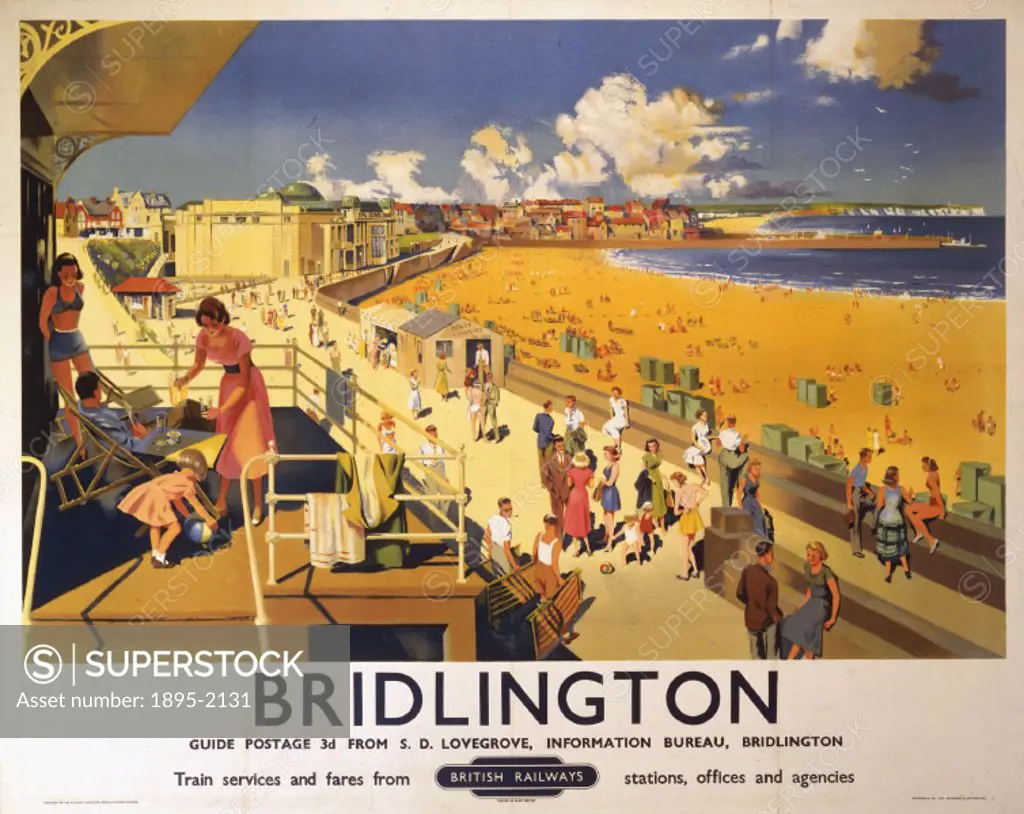 Poster produced for British Railways (BR) to promote rail travel to Bridlington, North Yorkshire. The poster shows an expansive view of the beach and ...