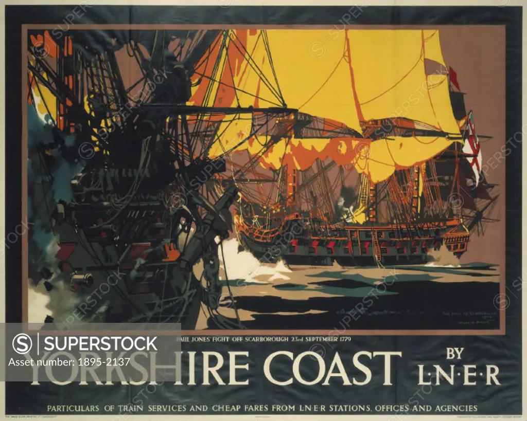 Poster produced by London & North Eastern Railway (LNER) to promote train services to the Yorkshire coast. The poster shows an illustration of Paul Jo...