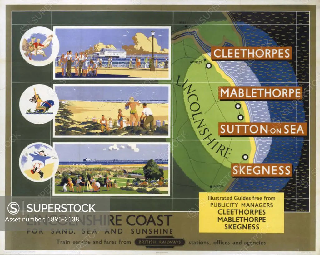 Poster produced for British Railways (BR) to promote rail travel to the Lincolnsire coast. The poster shows three views of coastal towns in Lincolnshi...