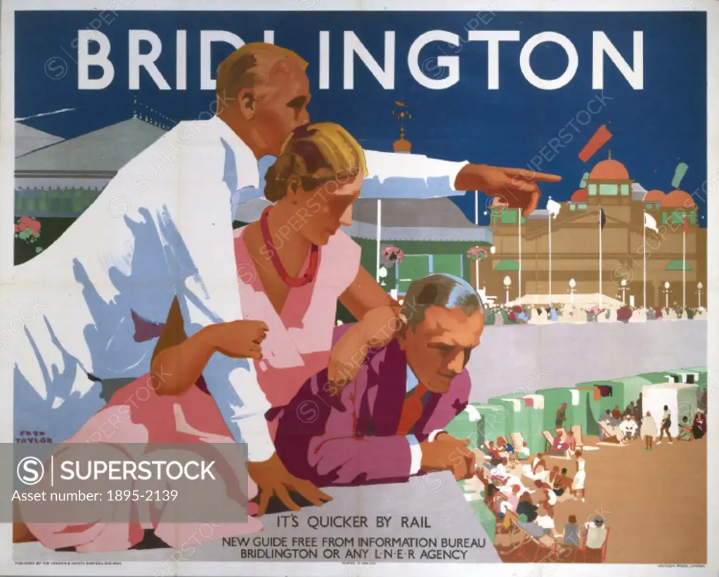 Poster produced for the London & North Eastern Railway (LNER) to promote rail travel to the Yorkshire seaside resort of Bridlington, showing three hol...