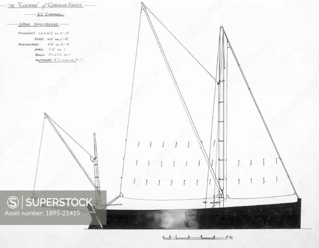 Sail plan drawing by P Oke, made in 1935, showing the ´Cuckoo´ crabber, which was built in 1881 by J Pill of Gorran Havan, south east Cornwall.