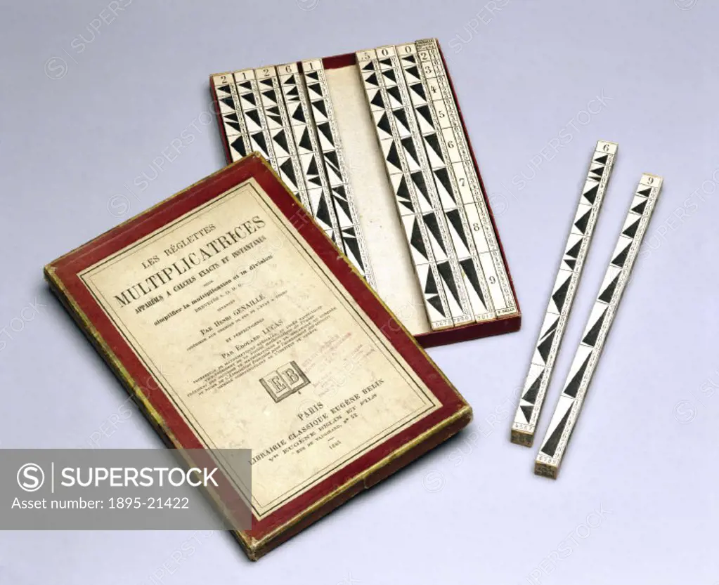 A boxed set of ´reglettes multiplicatrices´ by Henri Genaille. There was a revival of interest in the calculating device known as Napier´s bones in Fr...