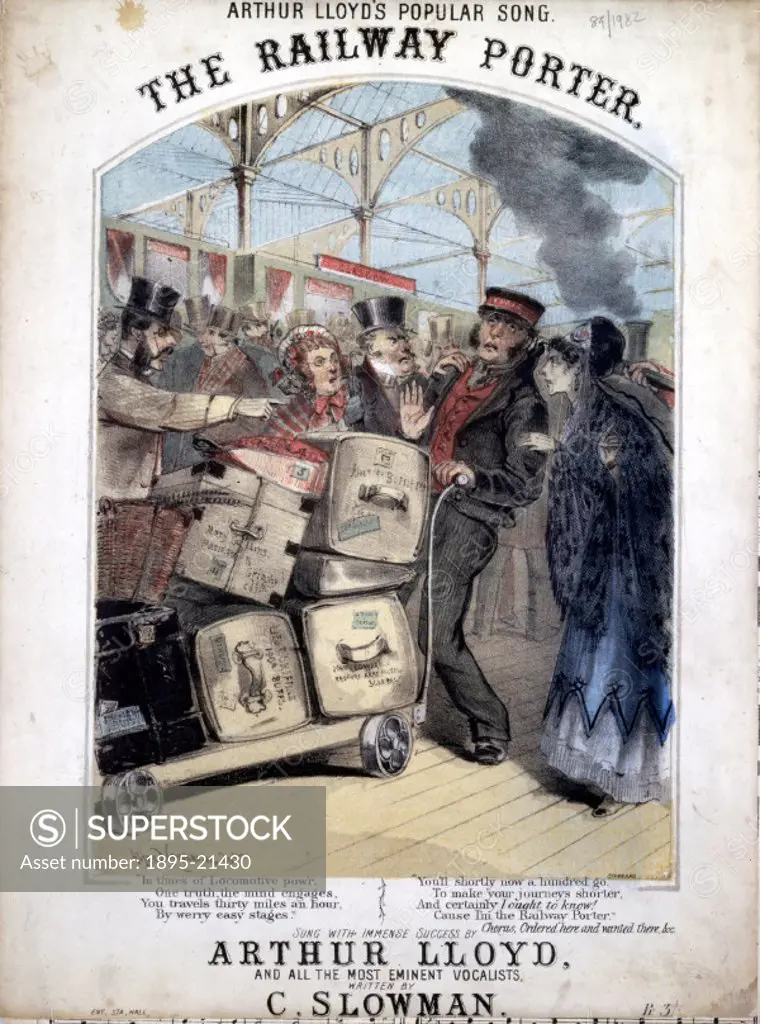 Front cover of sheet music for C Slowman´s popular Victorian song entitled ´The Railway Porter´, made famous by the singer Arthur Lloyd, drawn by Alfr...
