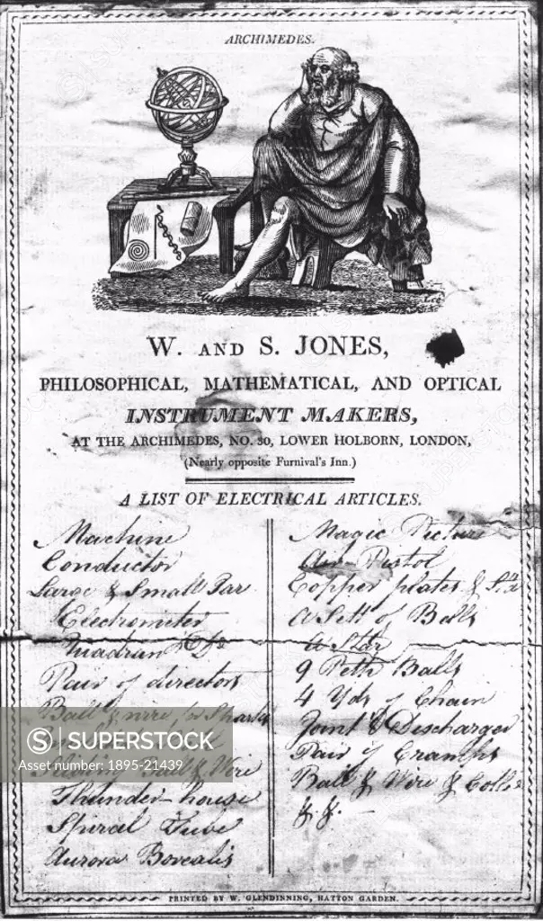 Trade card for philosphical, mathematical and optical instrument makers W and S Jones of London, featuring an illustration of Archimedes studying at a...