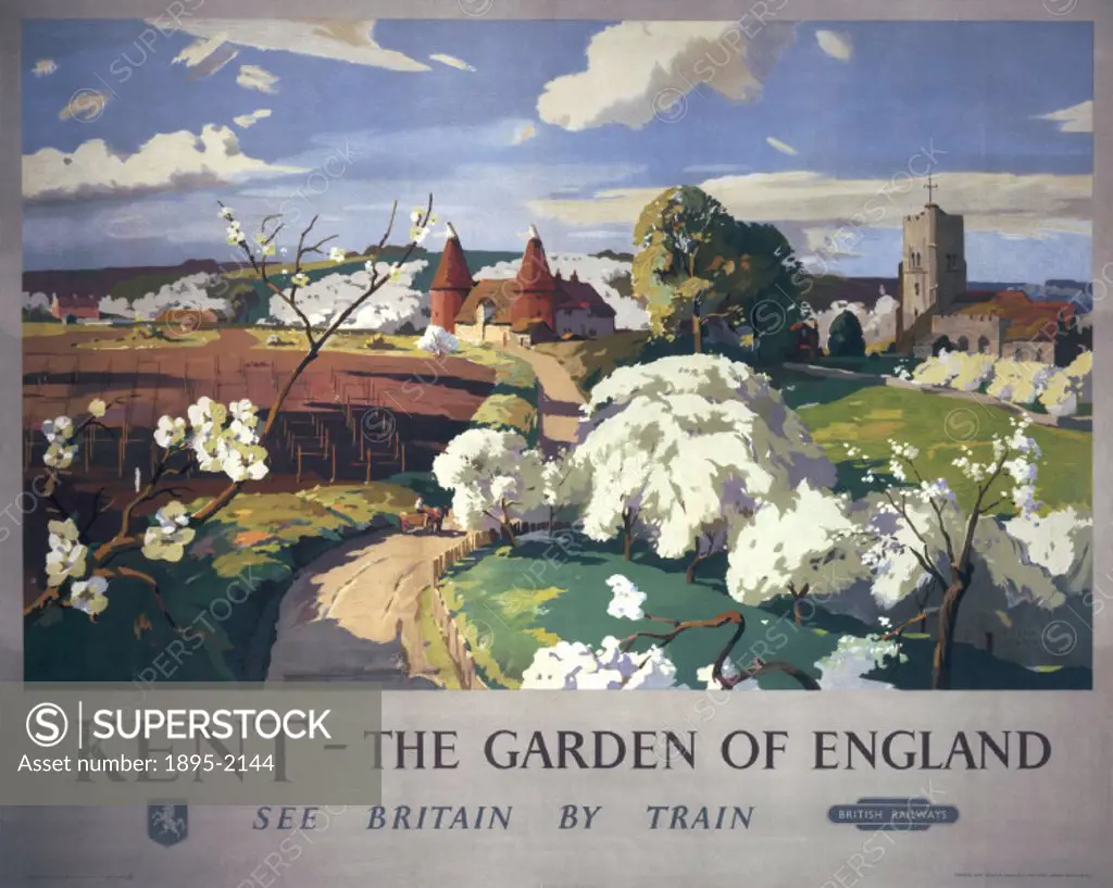 Poster produced for British Railways (BR) Southern Region (SR) to promote rail travel to the county of Kent, also known as the ´Garden of England. Th...