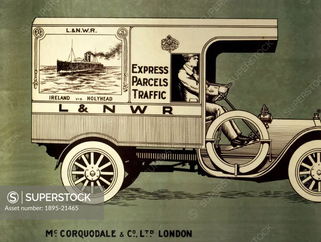 Poster produced for the London & North Western Railway (L&NWR), showing a side view of a L&NWR parcel van marked ´Express Parcels Traffic´ and emblazo...