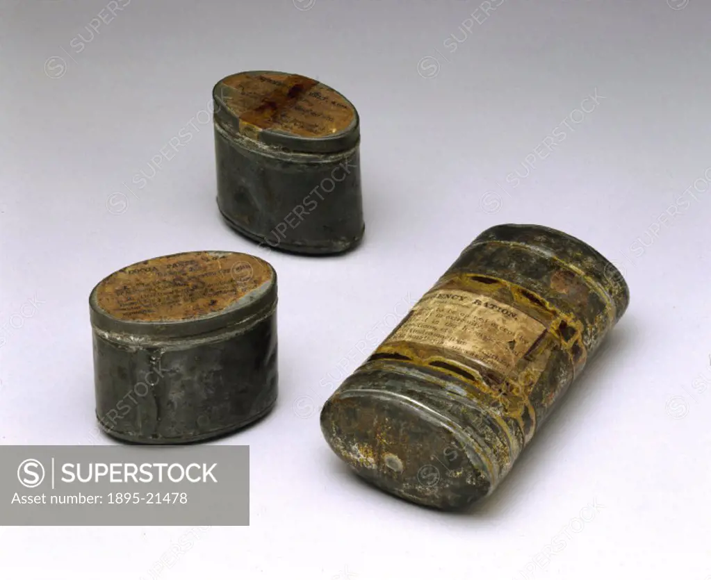Three tin cans containing foodstuffs dating from the Boer War (1899-1902). Nicholas Appert, a French chef, was the first to perfect the technique of h...