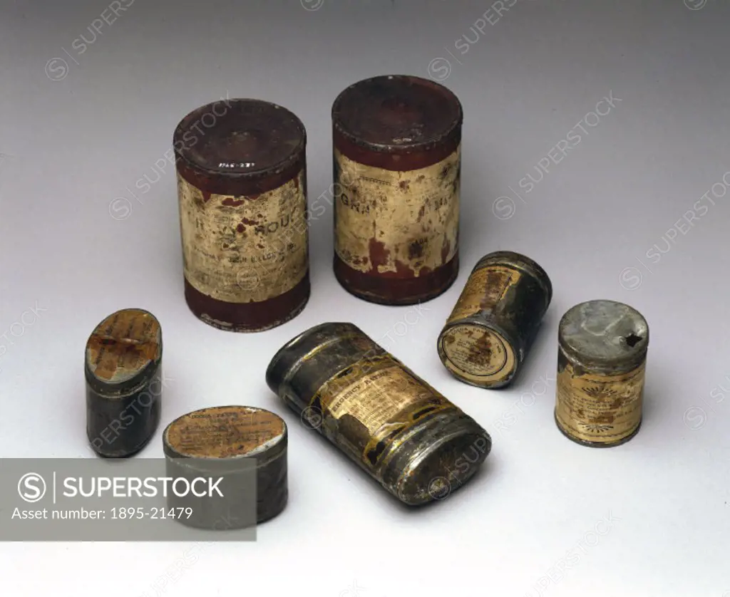 Seven tin cans containing foodstuffs dating from the Boer War (1899-1902). Nicholas Appert, a French chef, was the first to perfect the technique of h...