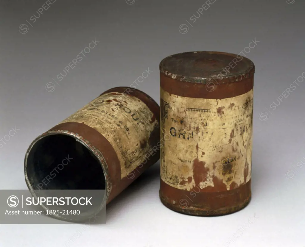 Two tin cans containing foodstuffs dating from the Boer War (1899-1902). Nicholas Appert, a French chef, was the first to perfect the technique of hea...