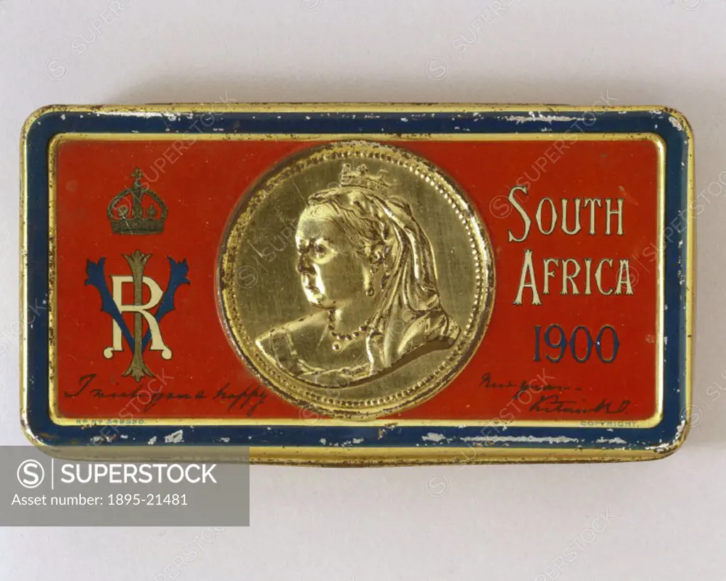Tin can containing foodstuff, featuring a portrait of Queen Victoria (1819-1901), dating from the Boer War (1899-1902). Nicholas Appert, a French chef...