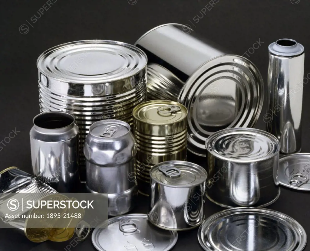 A selection of steel cans coated with tin, supplied by Corus to the Science Museum, London, to be shown as part of a tinplate recycling gallery displa...
