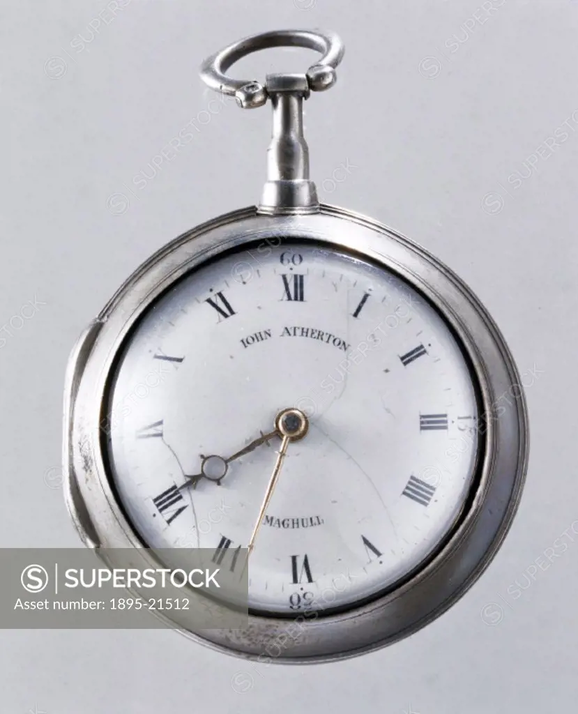 This pocket watch with going barrel and club-footed verge escapement was made by James Ryland of Ormskirk, Lancashire.
