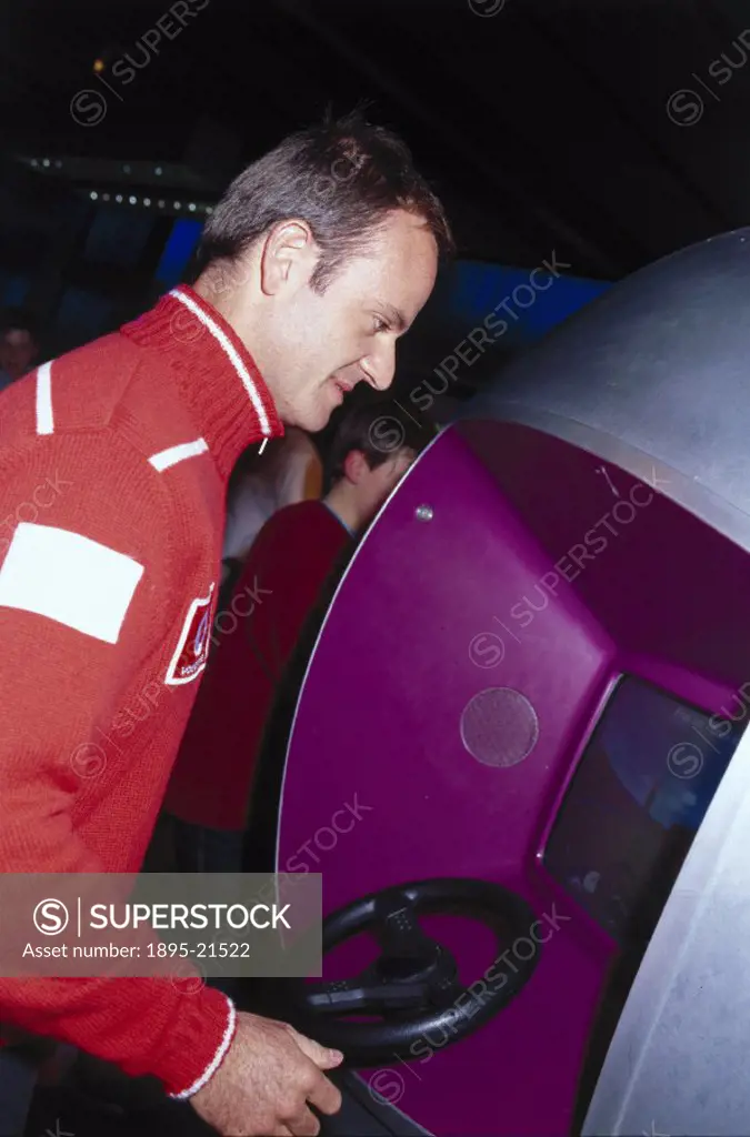 Barrichello (b 1972), Brazilian Formula 1 Ferrari driver and Grand Prix winner, photographed during a visit to the Science Museum, London, for the tem...