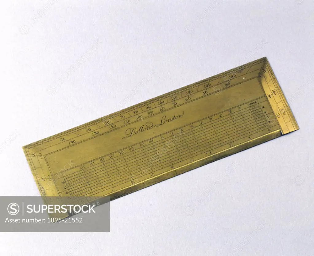 A brass rectangular protractor, made by Dollond of London. As well as the usual angular scale the instrument contains a diagonal scale for plotting di...
