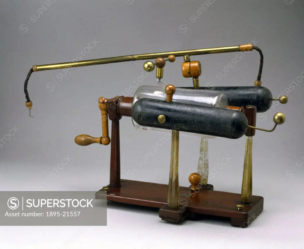An electrotherapeutic machine invented by Edward Nairne (1780-1809). Turning the handle rotated the glass drum against a leather pad, thus producing a...
