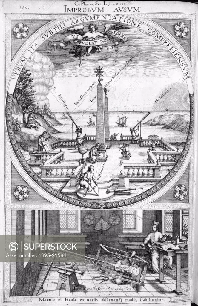 Engraved plate taken from ´Rosa Ursina´ (1630) by the German astronomer and mathematician Christoph Scheiner (1573-1650), depicting astronomers using ...