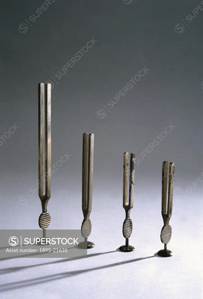 Tuning forks of this type are used in audiology to assess the extent of any hearing loss. These examples are, (1-4) described left to right. (1) c 185...