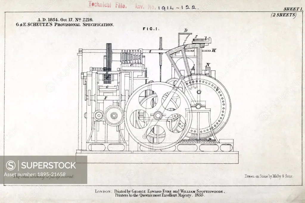 Original plans produced by the father and son engineering team of George and Edward Scheutz for their Difference Engine or tabulating machine. They bu...