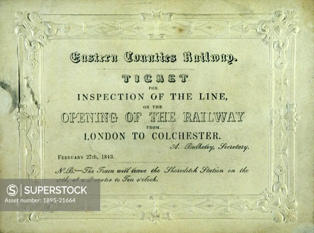 A ticket for the opening of the London to Colchester line of the Eastern Counties Railway.