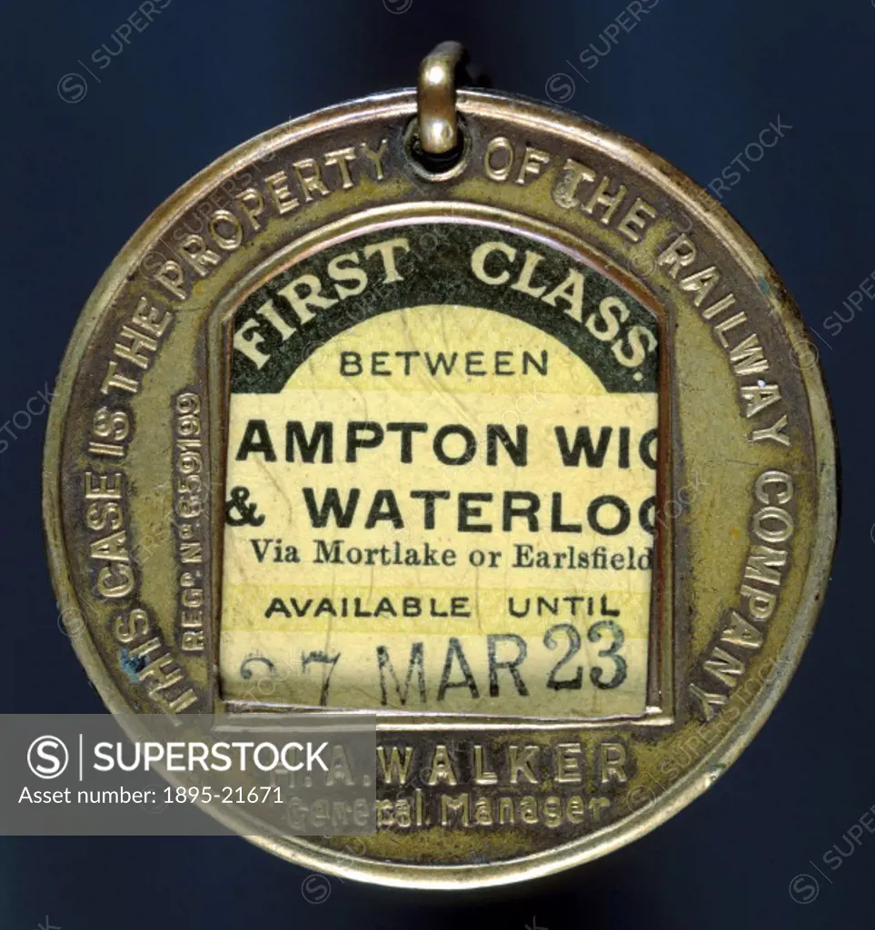 First class season ticket, 1923. The ticket is for the journey between Hampton Wick and Waterloo via Mortlake or Earlsfield and was issued by the Lond...