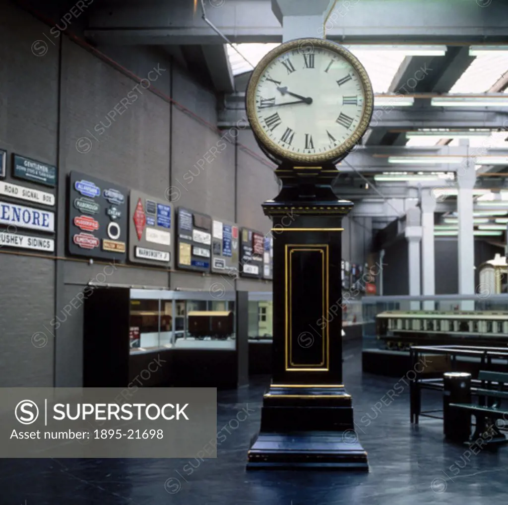 The clock stood in the gallery of the Great Hall of Euston Station until the demolition of the original station buildings in 1962. It is shown here on...