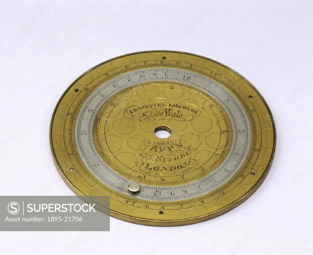 A circular slide rule made by Apps. A circular slide rule affords a long and therefore accurate logarithmic line in a small amount of space. The poten...