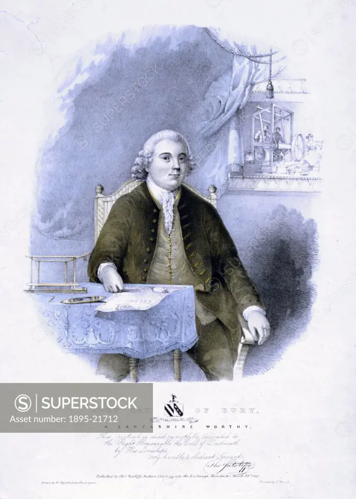 Coloured lithograph drawn by W Physick, showing the English inventor John Kay (1704-1764). Weavers can be seen through the window working on a loom wh...