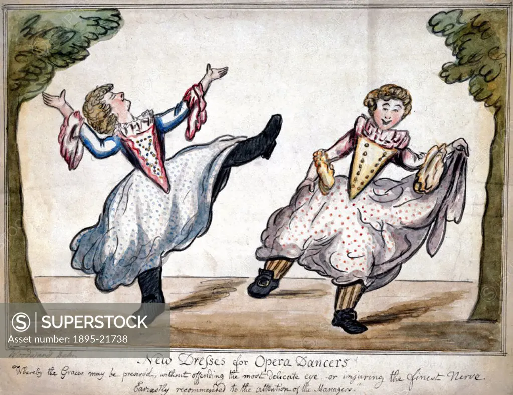 ´Caricature by George Moutard Woodward, watercolour on paper. The full caption reads; New dresses for opera dancers! Whereby the Graces may be preser...