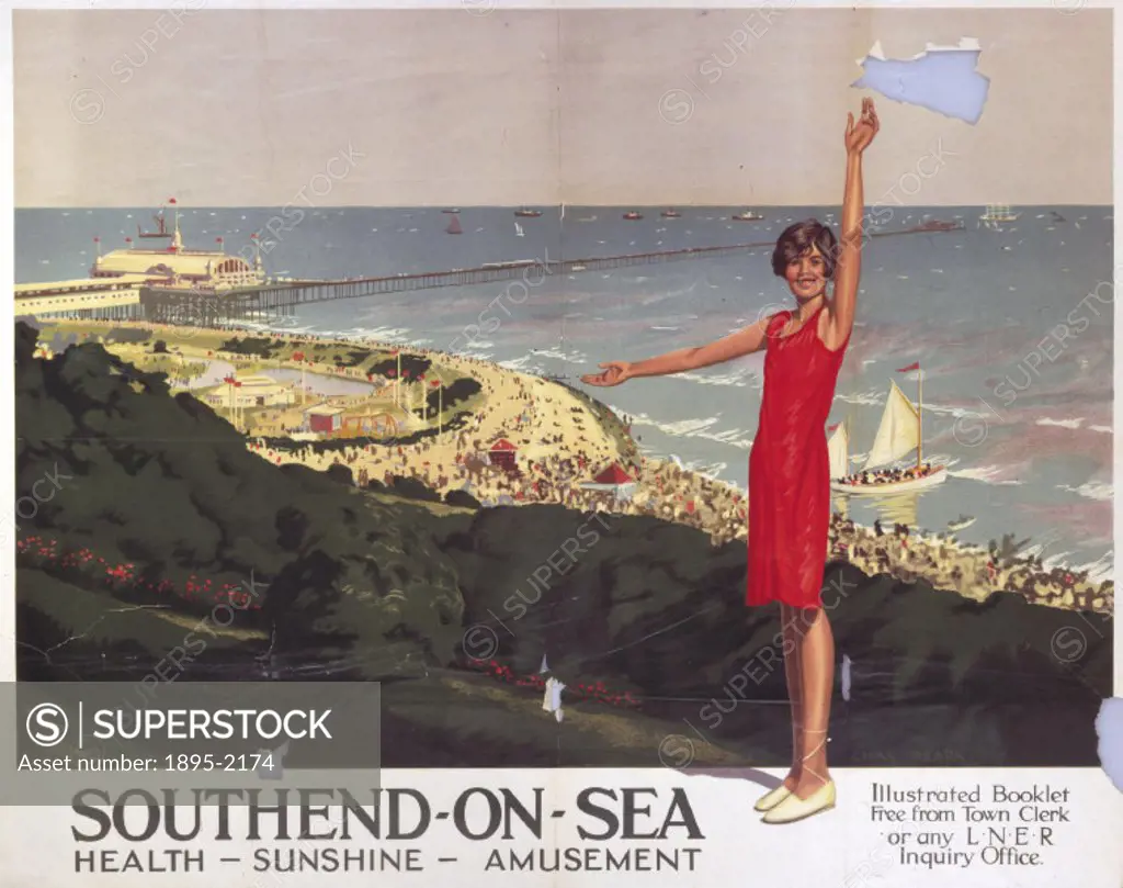 Poster produced for London & North Eastern Railway (LNER) to promote rail travel to Southend-on-Sea, Essex. The poster shows a woman in a red dress in...