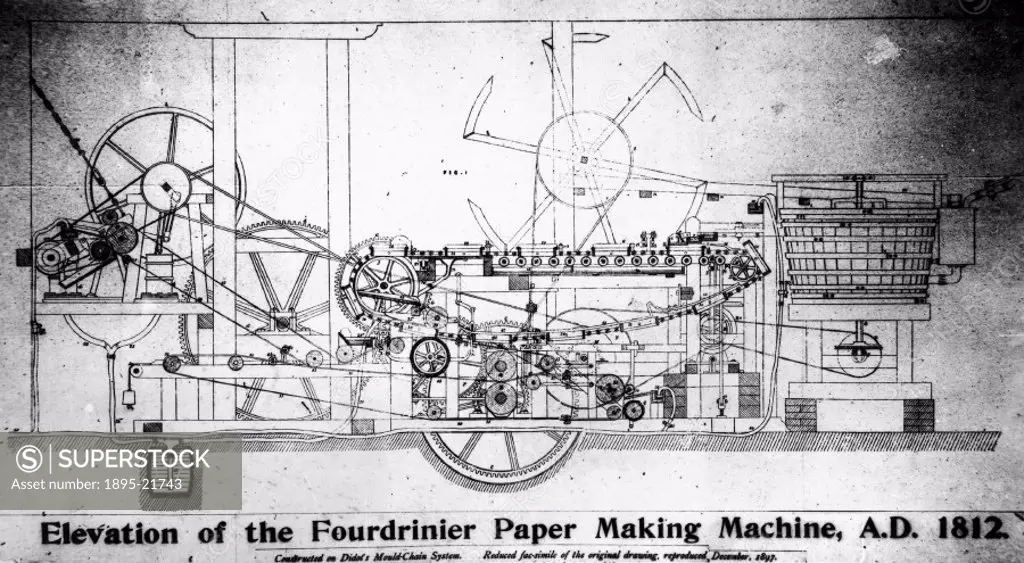 Technical drawing. Henry Fourdrinier (1766-1854), with his brother Sealy (d 1847), took out a patent in 1807 for a continuous paper-making machine.