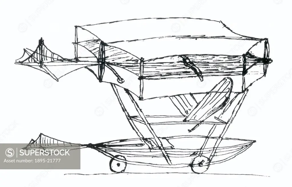 George Cayleys sketch of boy-carrying machine, showing the triplane wing structure, tail-unit, and wheeled car with pilot-operated elevator-cum-rudde...