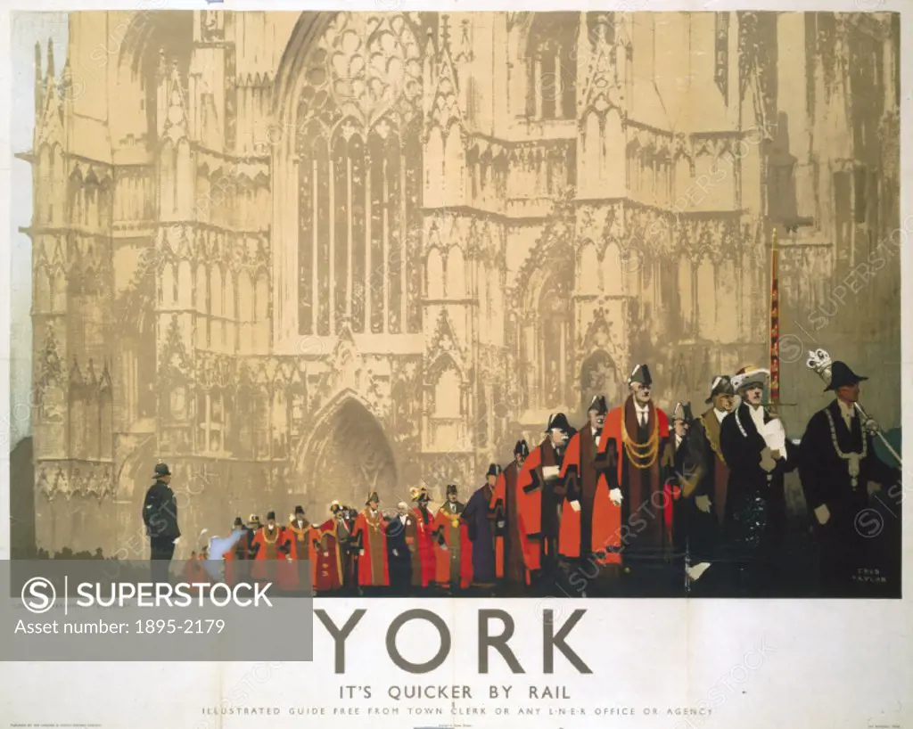 Poster produced for London & North Eastern Railway (LNER) to promote rail travel to York, Yorkshire. The poster shows a procession of the citys alder...