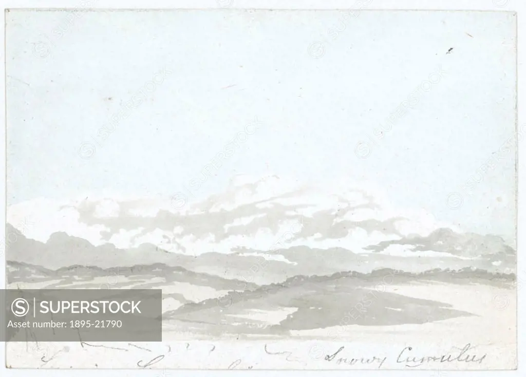 Pencil, grey and cream wash cloud study by Luke Howard (1772-1864), showing bank of cumulus amassed over hilly landscape, and inscribed in pencil: ´Sn...