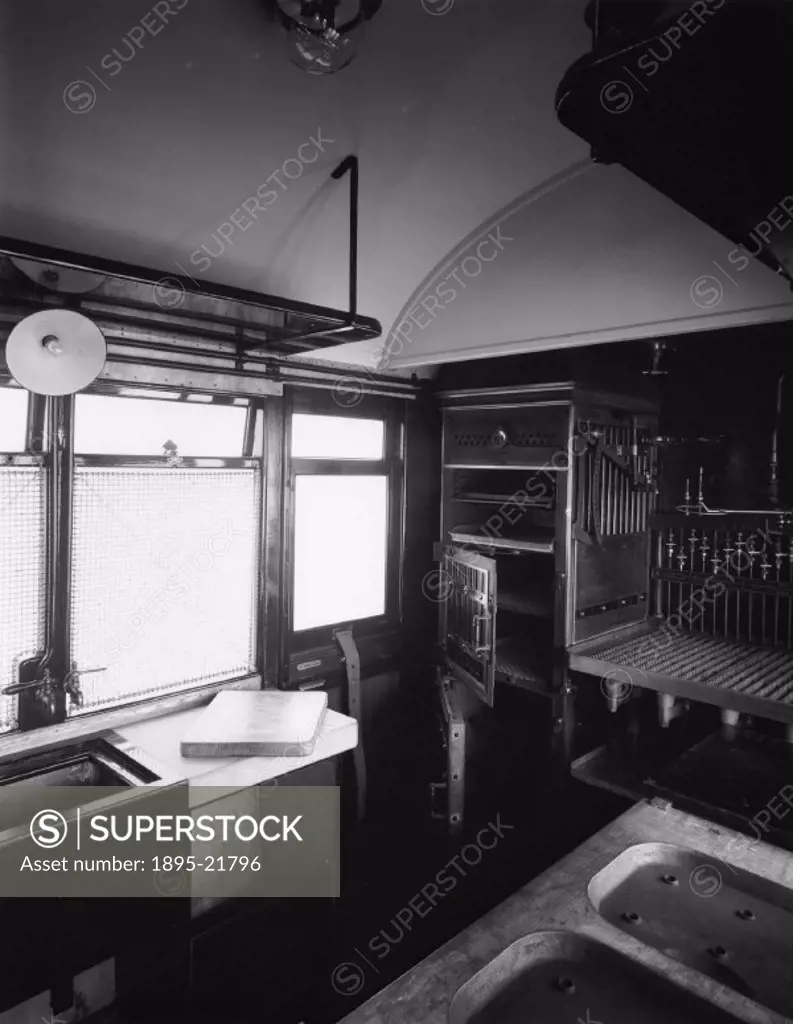 Interior of kitchen carriage, c 1930s. Interior view of the kitchen carriage on board the Doncaster train.