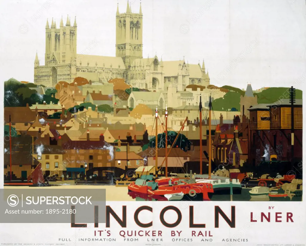 Poster produced for London & North Eastern Railway (LNER) to promote rail travel to Lincoln, Lincolnshire. The poster shows a view of Lincoln Cathedra...