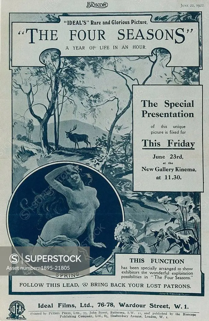 Poster advertising ´The Four Seasons´ film on 23 June 1922, at the New Gallery Kinema at 11 30am  The Four Seasons was made by Ideal Films Ltd based i...