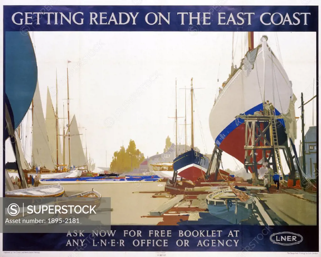 Poster produced for London & North Eastern Railway to promote rail travel to the East Coast of England. Artwork by Frank Mason (1876-1965), who was ed...