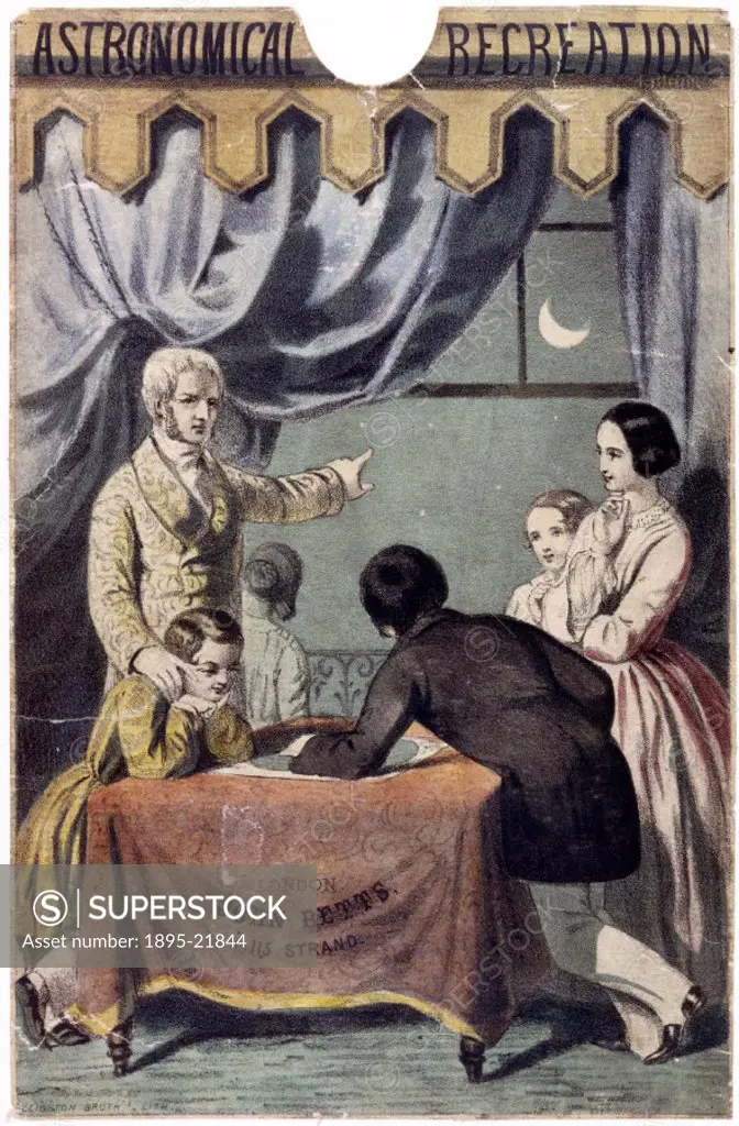 Coloured lithograph by the Leighton Brothers from the cover of an educational game, showing a family examining a star chart and relating it to the nig...