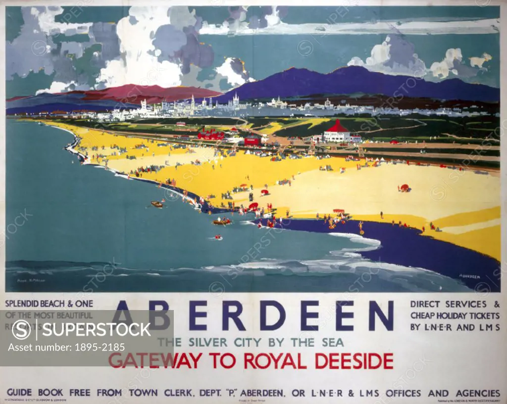 Poster produced for the London & North Eastern Railway (LNER) and London, Midland & Scottish Railway (LMS), promoting rail travel to Aberdeen in Scotl...