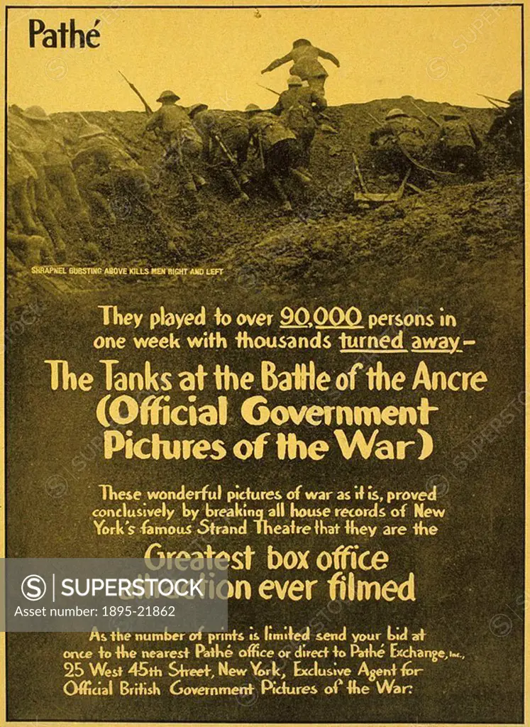 The Tanks at the Battle of the Ancre´, film advertisement, 1917  Pathe film advertisement, featuring a still from the film showing soliders going over...