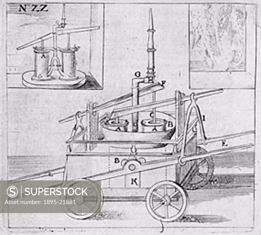 Manual fire engine, 1612. Illustrated plate taken from a book by Heinrich Zeising, showing a manual fire engine dated 1612.