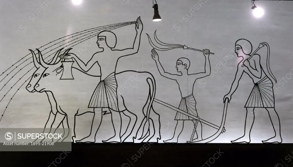 Egyptian wrought iron agricultural frieze showing ancient Egyptian farming techniques.